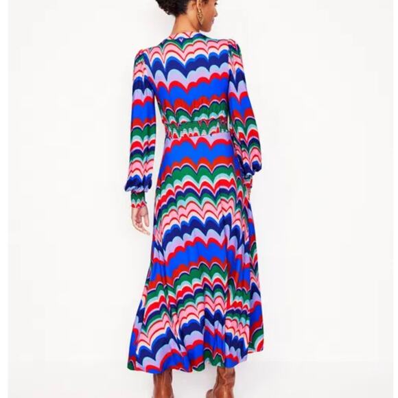 Boden NEW Smocked Ivy Midi Dress Womens Size 2 2R Abstract Wave Colorful Pockets - Picture 6 of 12